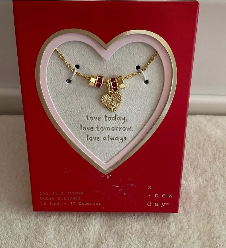 a new day Gold Heart Pendant Necklace with Red Bead Accents