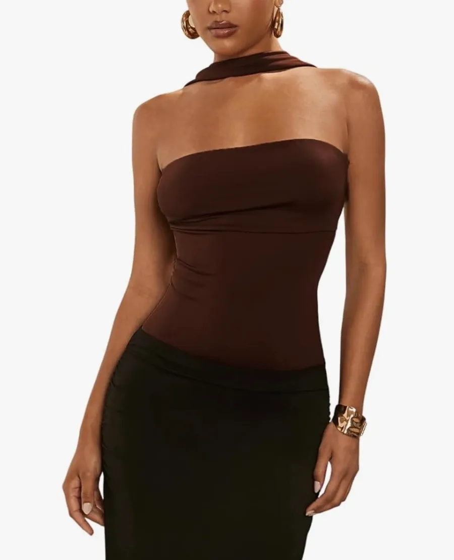 Sleeveless Backwards Halter Body Suit Brown Size XS
