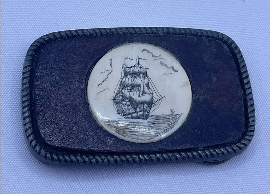 Vtg Ship W/Whale Tail Belt Buckle Nautical Tall Ship Leather Inlay