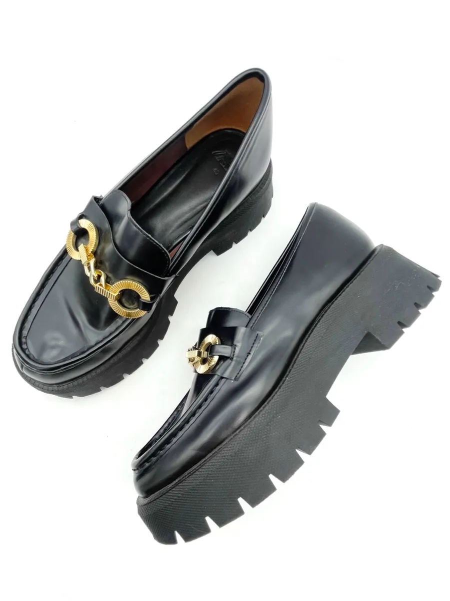 Zara Women Black Leather Chunky Lug Sole Chain Loafers Platform Gold EU 40 US 9
