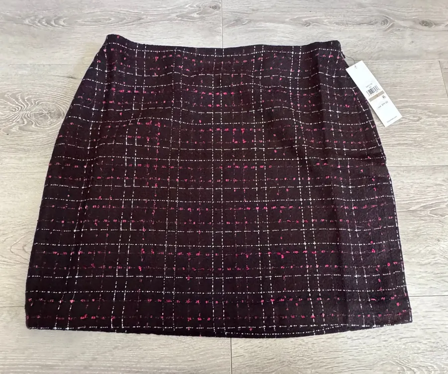 Calvin Klein Womens Tweed Plaid Mini Skirt Black Pink White Size 12 Large NWT
