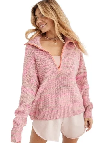 Aerie Space Dye Quarter Zip Sweater Wool Blend Lip Gloss Pink Orange Zipper L