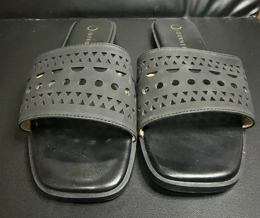 Journee Black Laser-Cut Slide Sandals