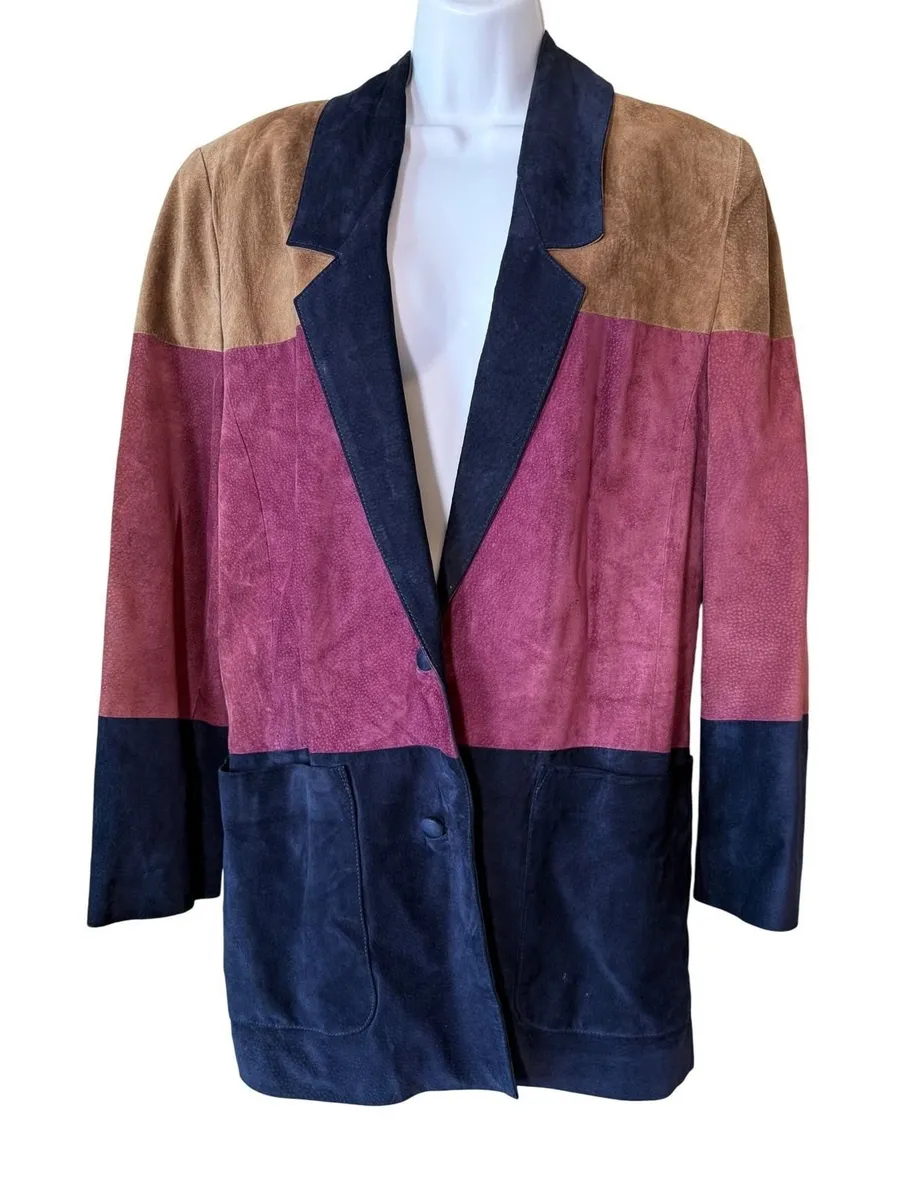 VTG Colorblock Suede Leather Blazer Jacket Women M Burgundy Tan Navy 80's Artsy