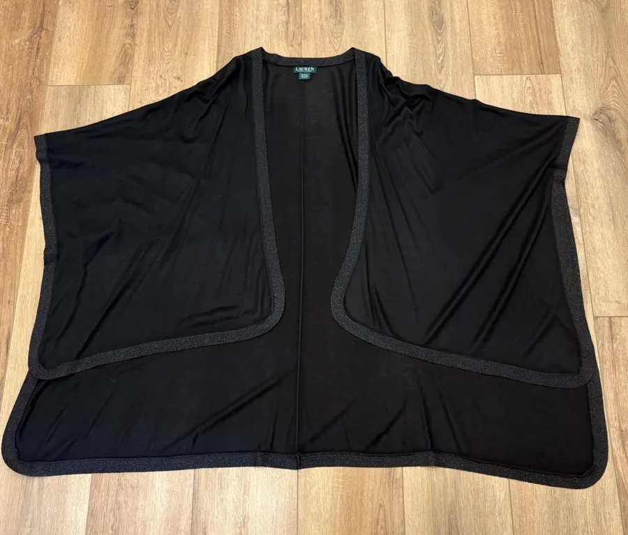 🌟LAUREN RALPH LAUREN🌟 SWEATER KNIT RUANA WRAP W. LUREX TRIM BLACK ONE SIZE