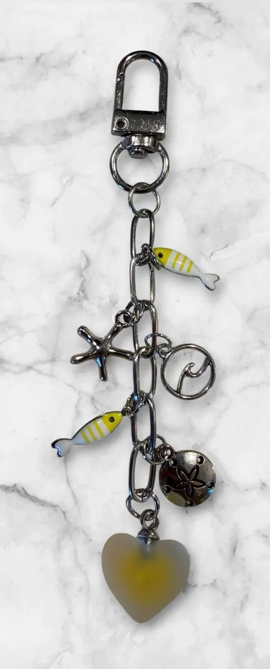 Silver Charm Keychain with Yellow Fish & Heart