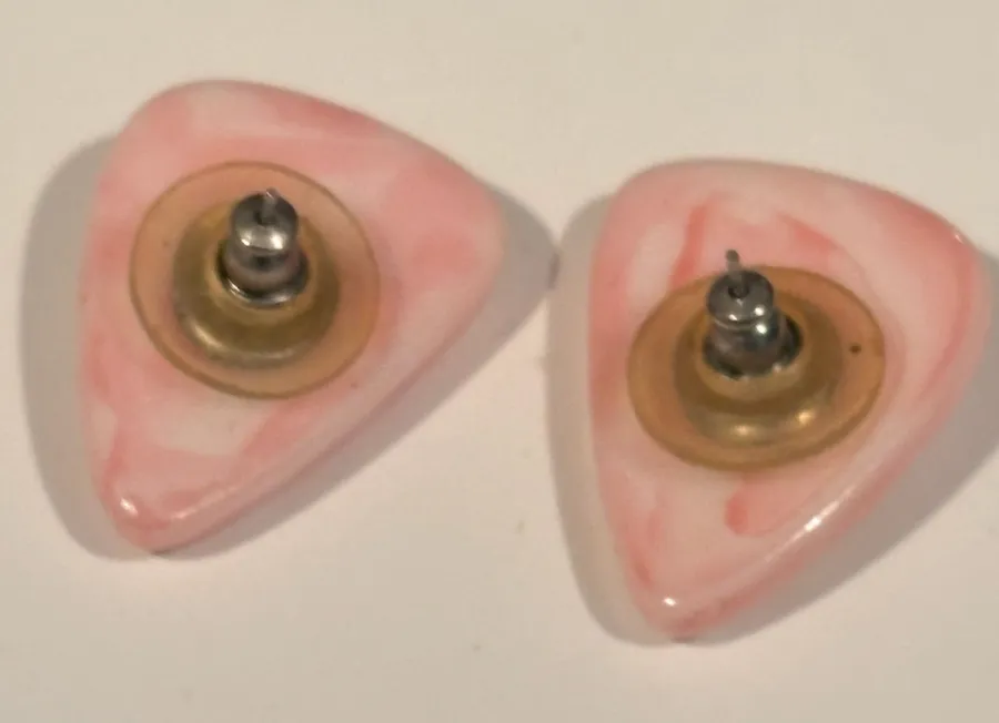 Vintage Pink Marbleized Triangular Cabochon Stud Earrings