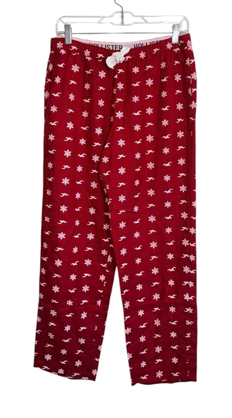 Hollister Wide Leg Pajama Pants Red White Snowflake Christmas