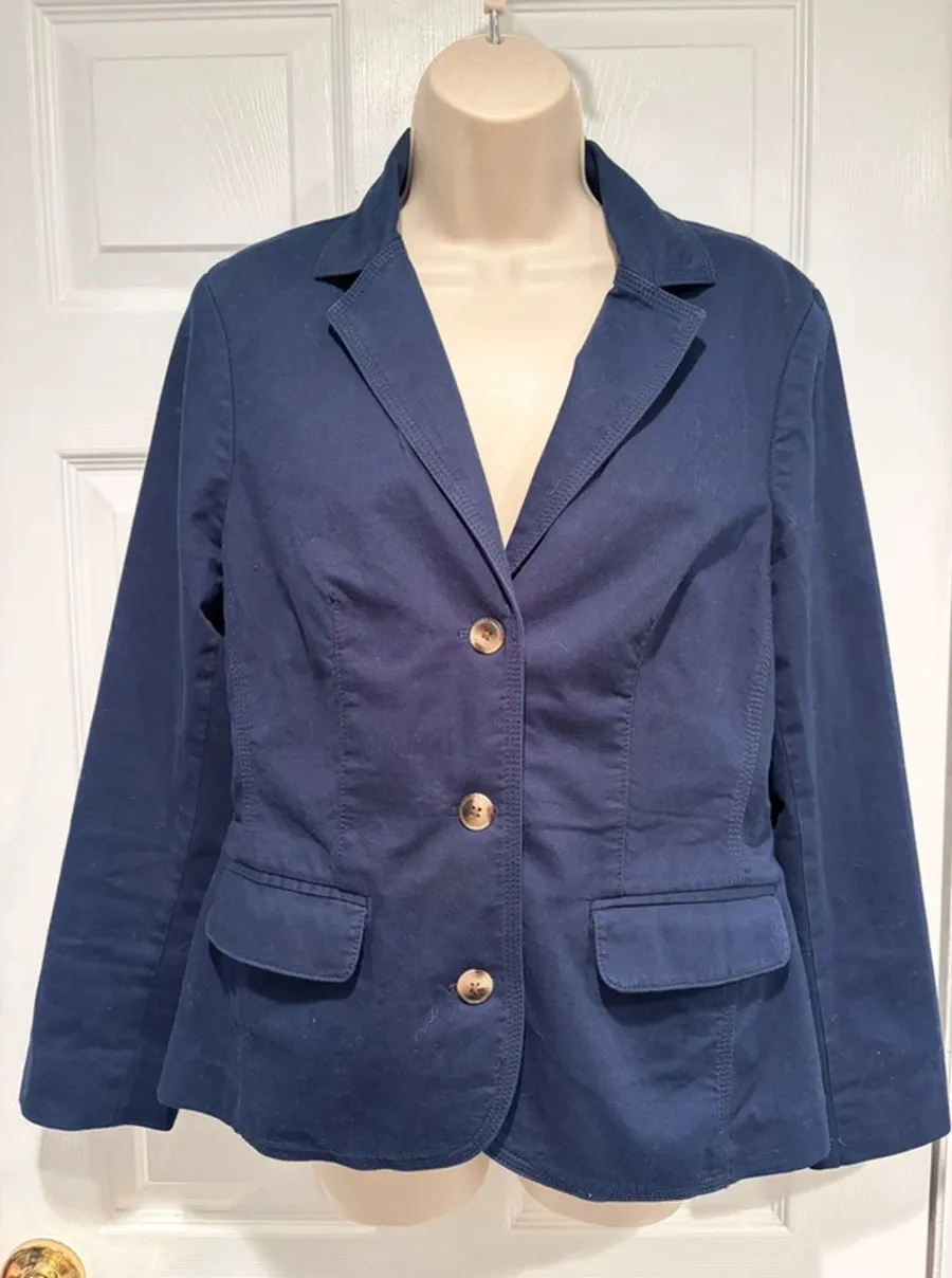 L.L.Bean Women’s Blazer Jacket Navy Blue Cotton Stretch Petite Medium Classic