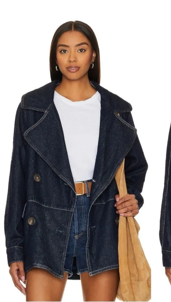 Free People Denim Car Coat L Contrast Stitch preppy boho Buttons oversized cute