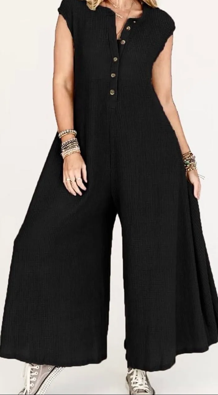 SHEIN black exaggerated Wide-Leg Button-Front placket oversize Jumpsuit L