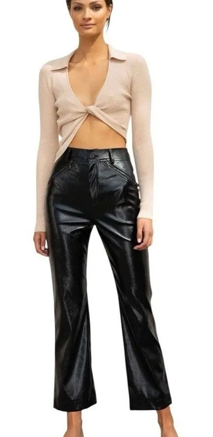 NWT Misha Bertha Black Vegan Leather High Waist Crop Flare Pants Size 2 $238