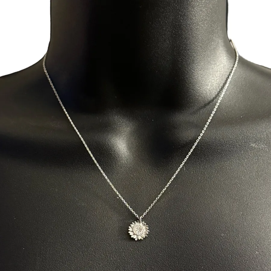 Dainty white gold dipped pave sunflower pendant necklace Silver