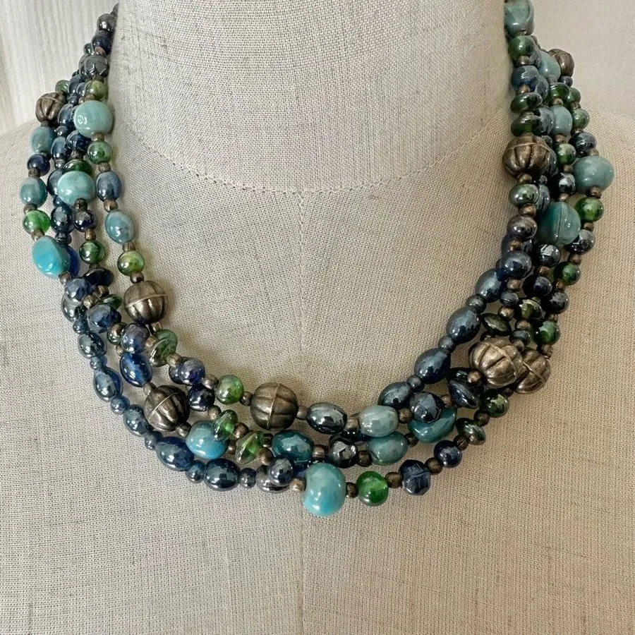 Blue green silver tone multi strand vintage necklace