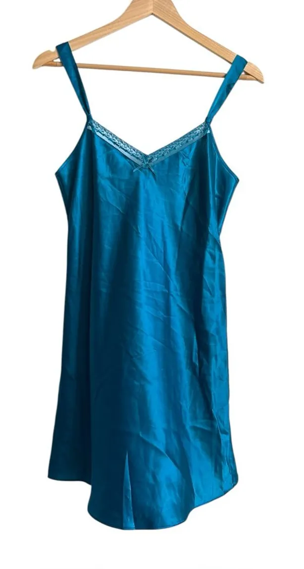 Morgan Taylor Teal Satin Slip Dress Lace Trim Mini Nightgown Women's S