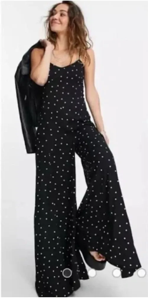 Free People Summer Jamboree Jumpsuit Black Polka Dot Wide Leg Size XS Sleeveless
