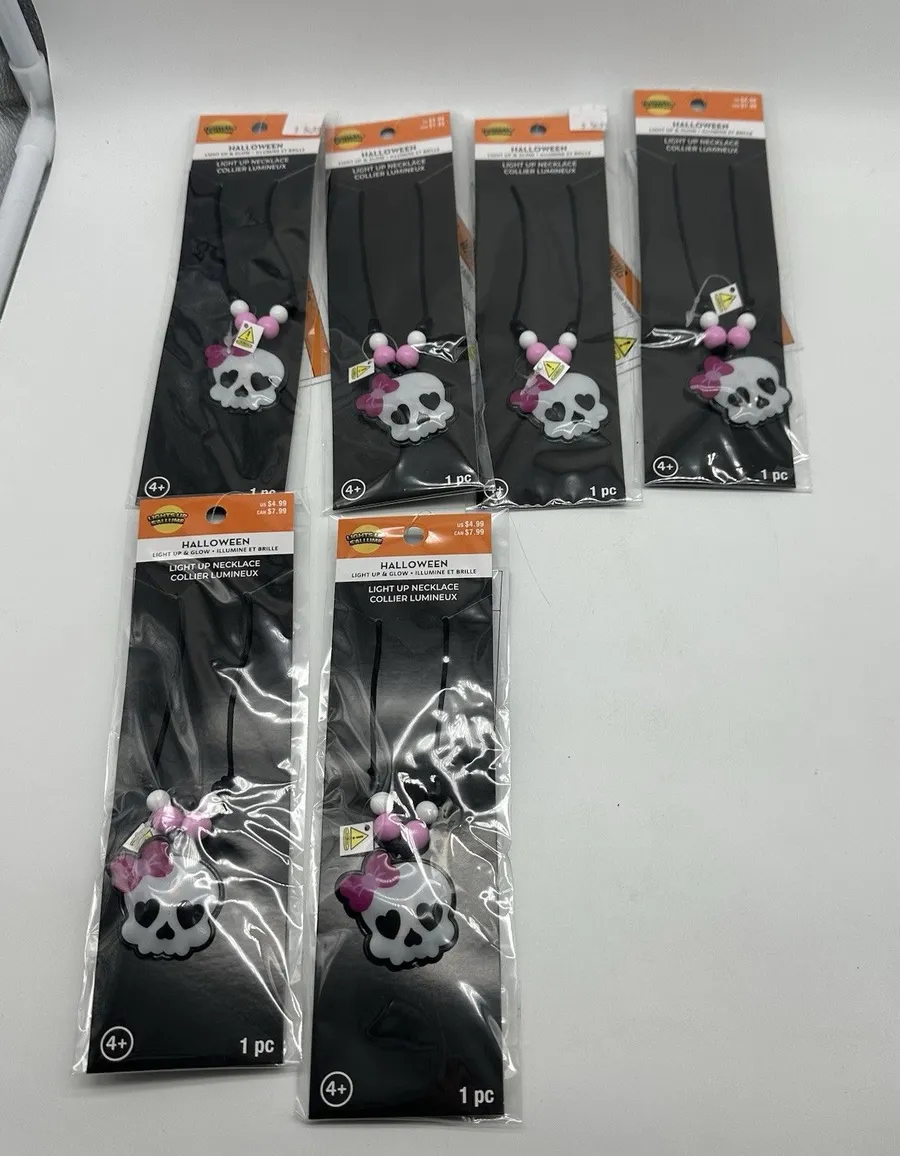 Halloween Light Up Glow Skull Necklace Lot of 6 Pink Black Spooky Party Costume