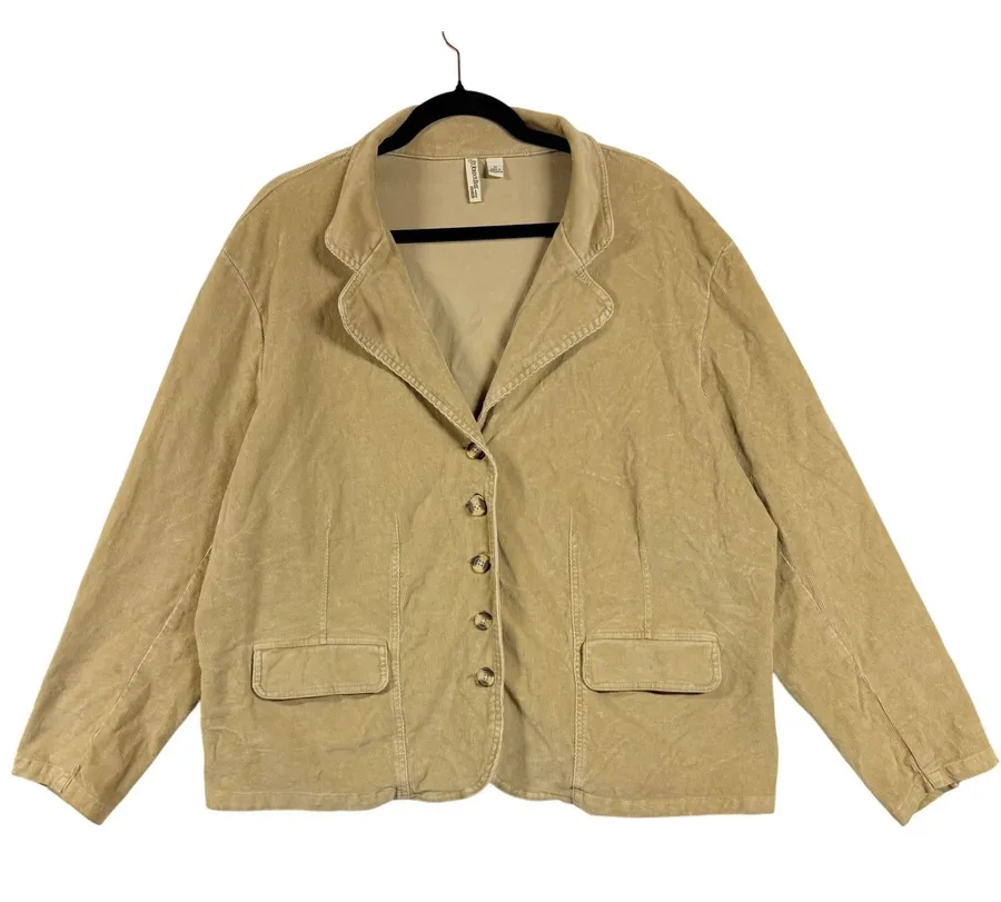 St Johns Bay 2X Tan Corduroy Buttoned Blazer Jacket Plus Stretch Academia Granny