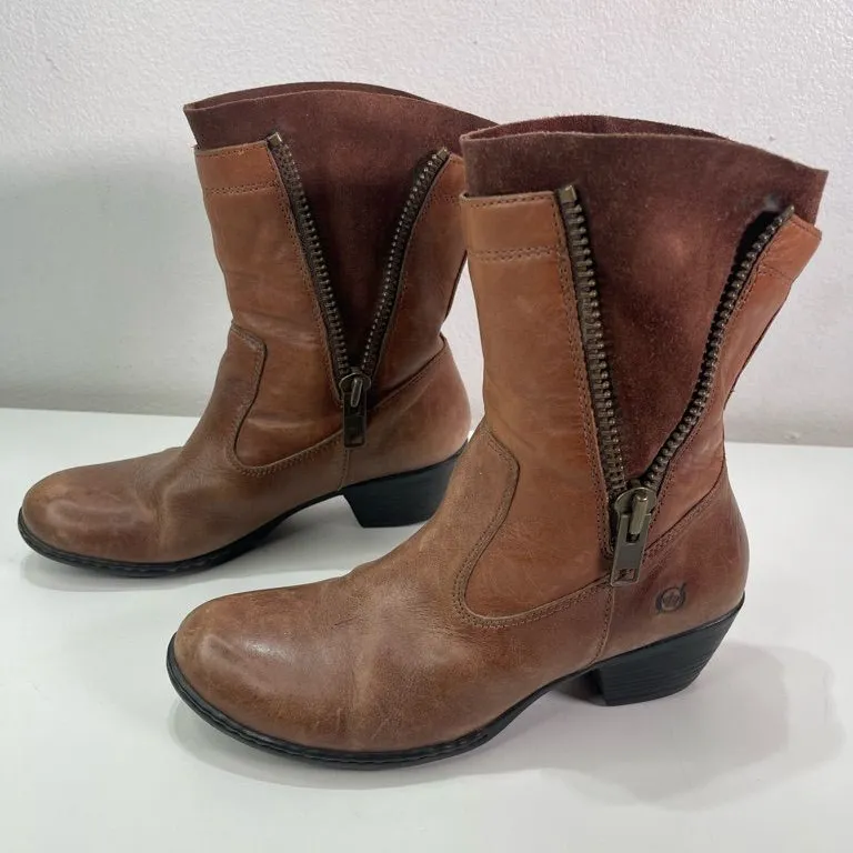 Born Brown Mika Leather Western Boho Boots Women's 7.5 Block Heel Side Zips
