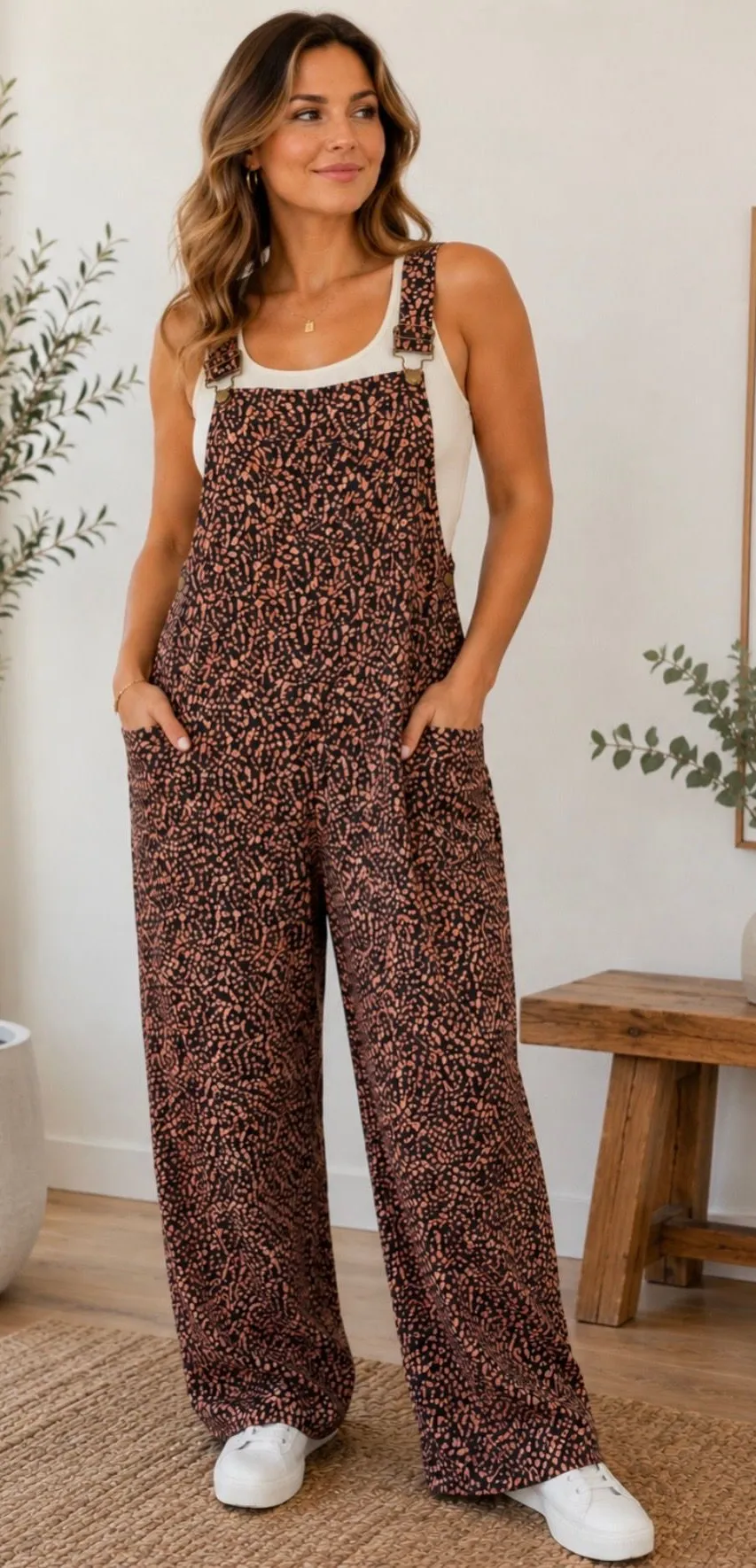 Sm Wardrobe Adjustable Strap Printed Wide-Leg Overalls in Rust Brown
