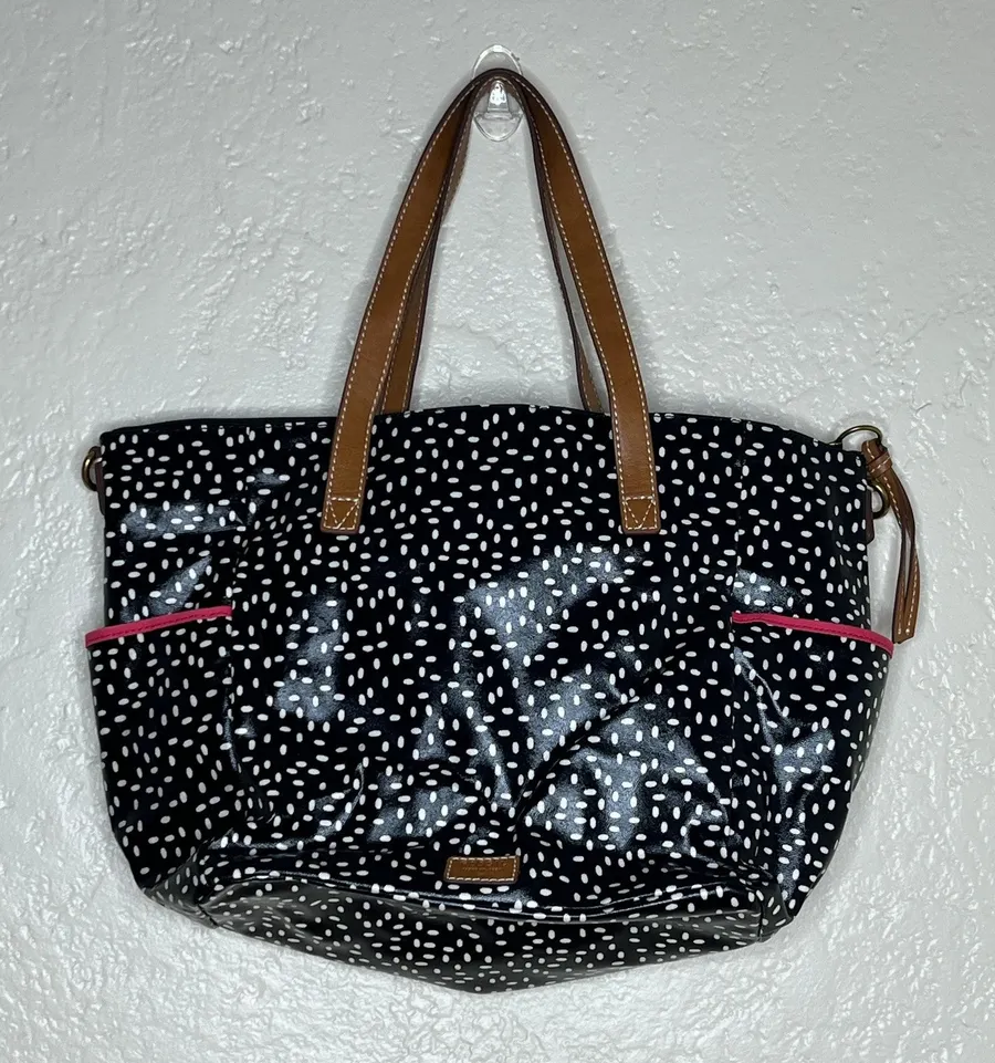 Fossil Large Waxed Leather Shoulder Tote Zip Top Black Speckeled Bag