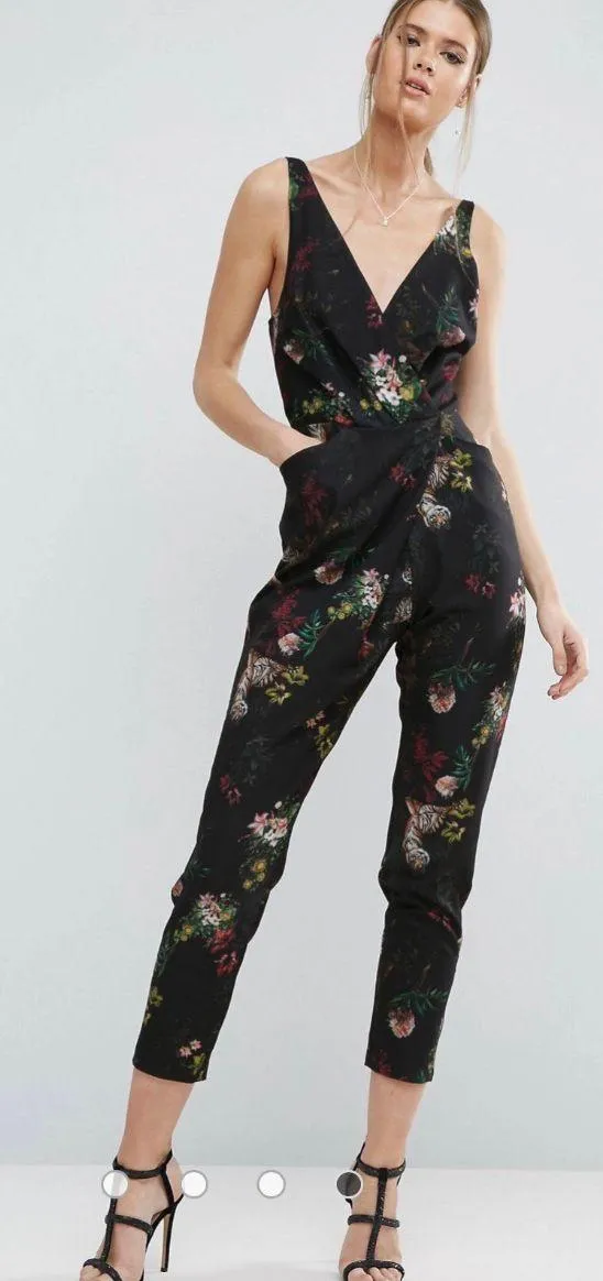 Cami Wrap Jumpsuit With Peg Leg Floral Tiger Print