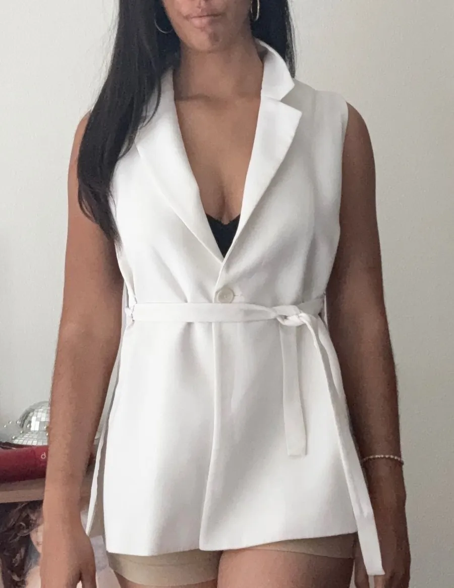 Zara White Sleeveless Belted Blazer Vest Notched Lapel Size Medium