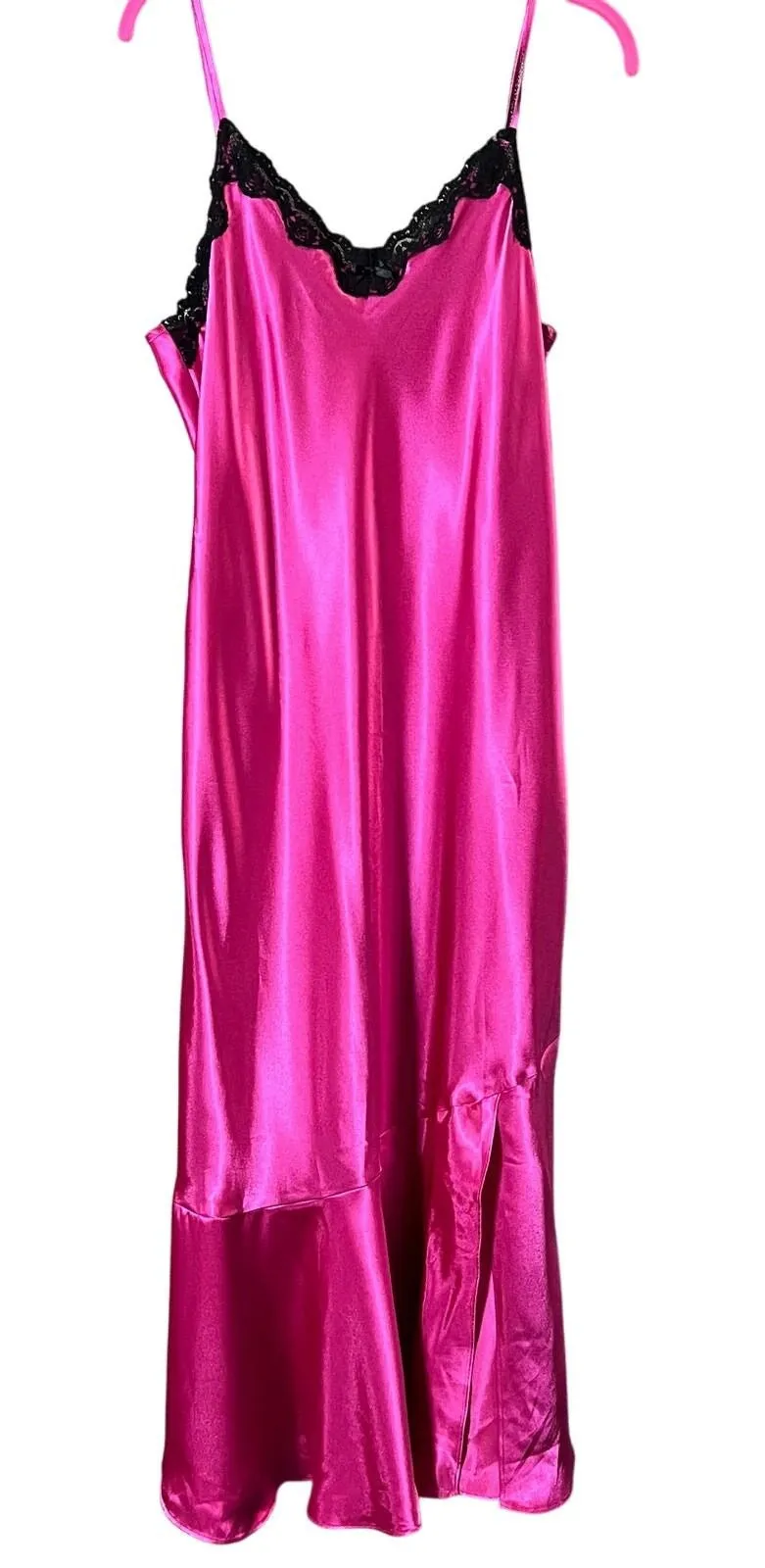 Vintage Delicates Satiny Fuchsia & Black Lace Slop Dress Nightgown Medium