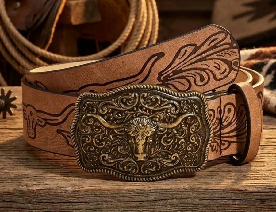 Western Bull Head Buckle Unisex Belt Vintage Embossed Brown PU Leather Belt Size M