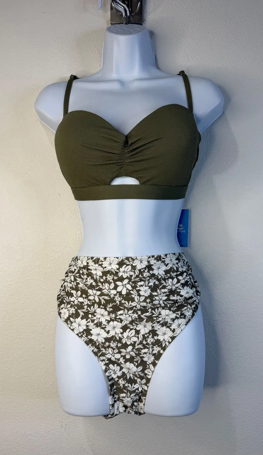 Cupshe Womens XL Green Floral High Waisted Bikini Set NEW