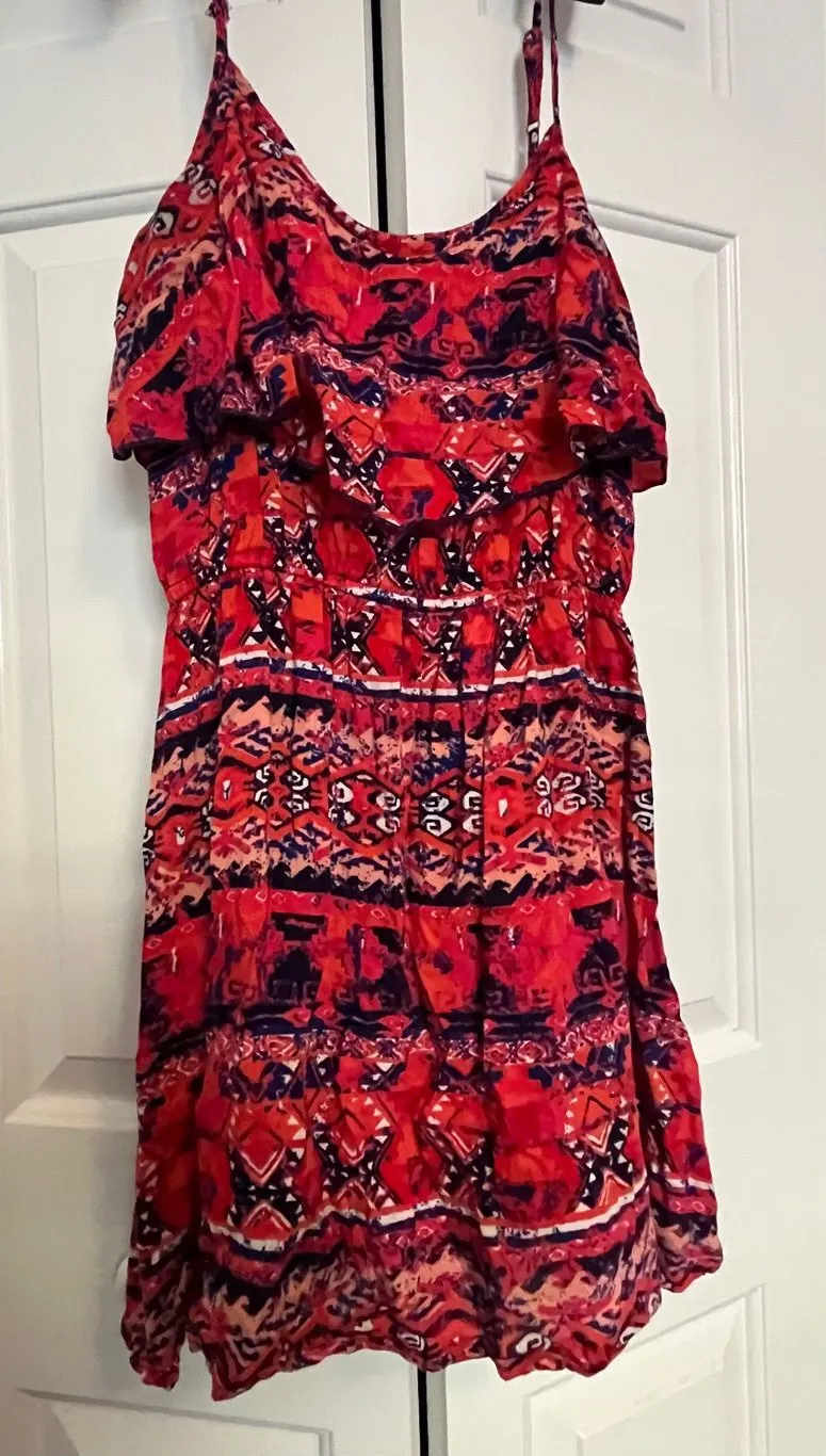 Coral/Red and Navy Abstract Ruffle Dress