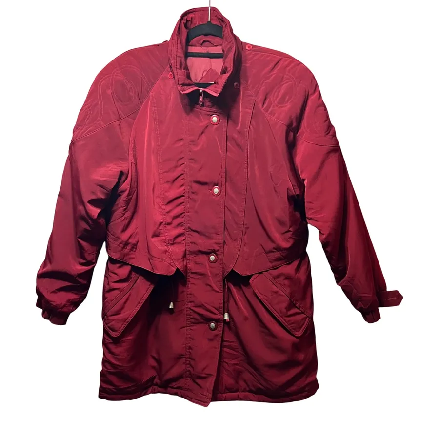 Vintage 90s Basic Editions Winter Coat Puffer Quilted Lined Button Up Red Large