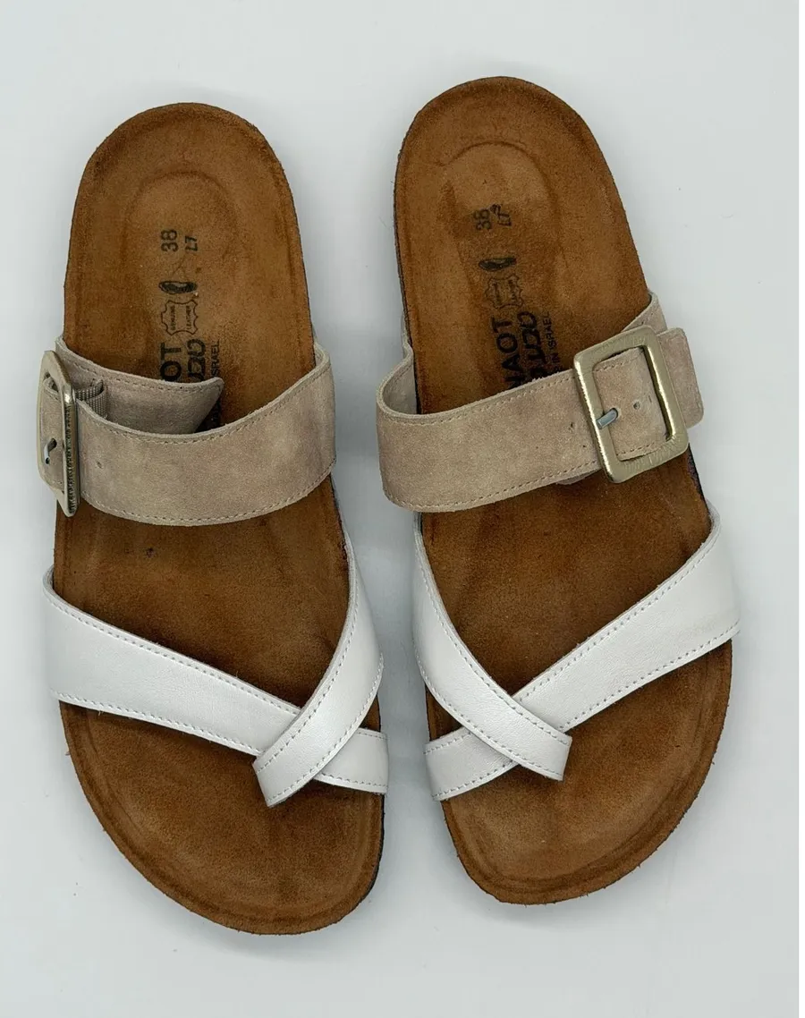 Naot Fresno Slide Toe Loop Sandals Womens 38 White Tan Leather US 7