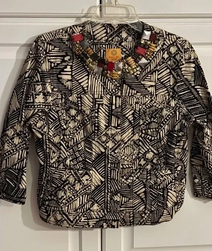 Ruby Rd Petite Black White Geometric Print Beaded Collar Jacket Women 12P