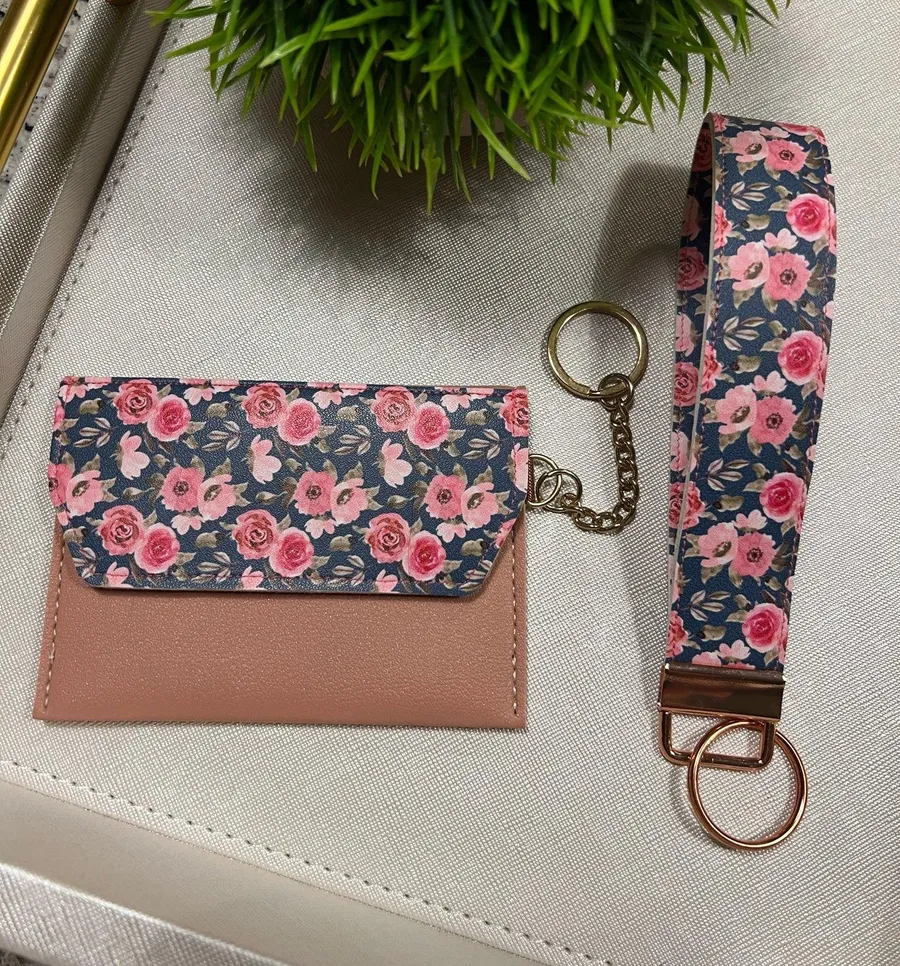 Floral Wallet and Keychain Duo Pink