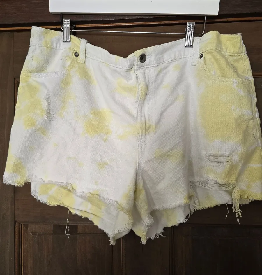 O aerie White and Yellow Tie-Dye Distressed Denim Shorts XXL