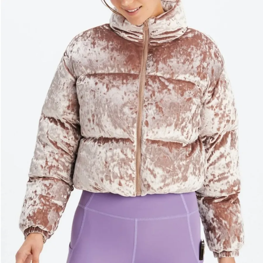 Fabletics Teddy Pink Wander Crushed Velour Crop Puffer Jacket Large