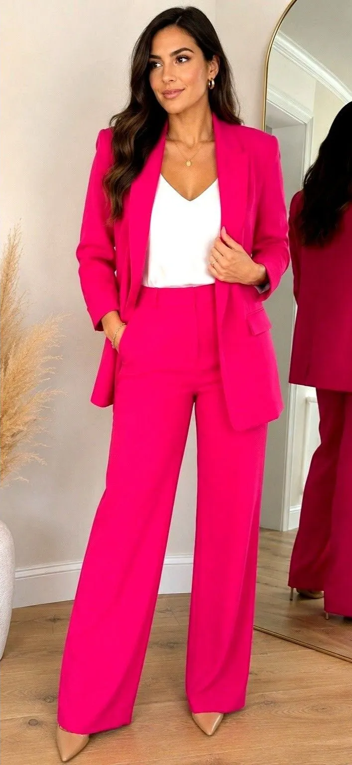 Zara Hot Pink Pantsuit Set Women’s S Fuchsia Suit Set Wide Leg Career