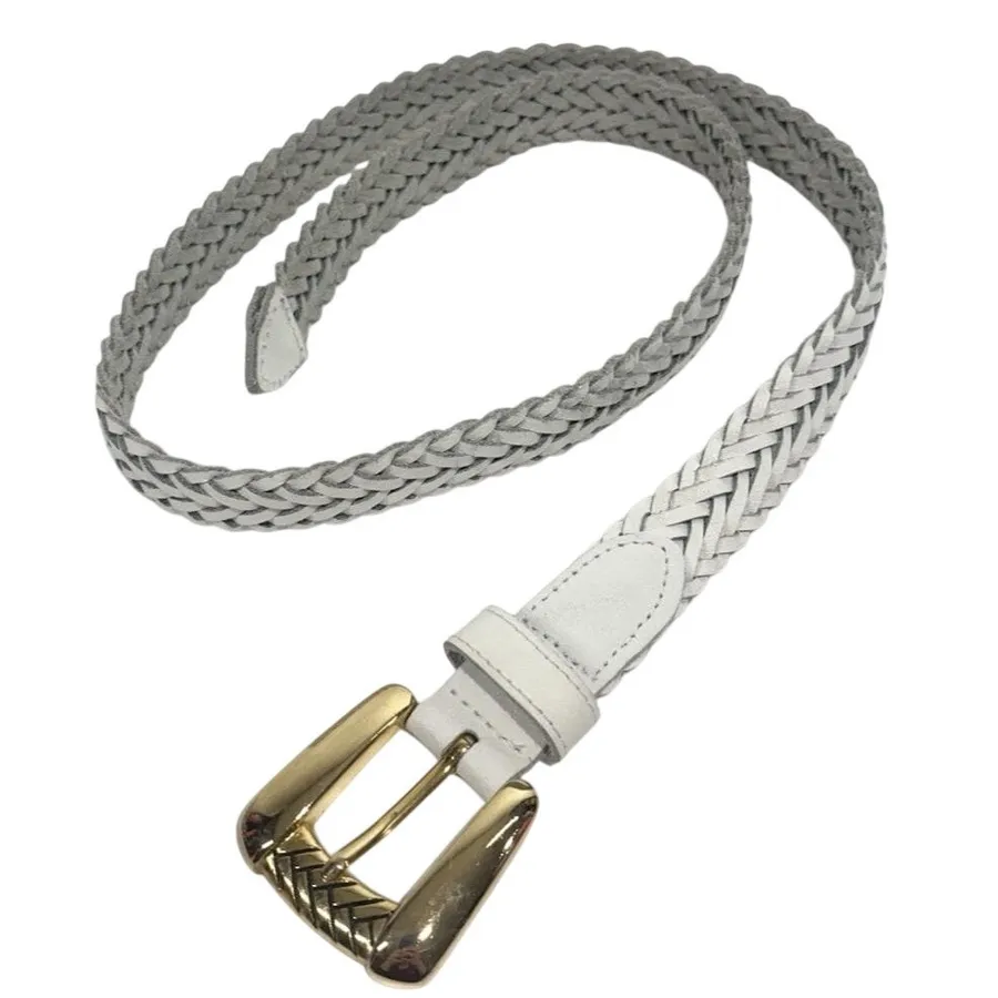 CHIC Signed White Braided Leather Belt Gold Tone Buckle Adjustable Up To 39"