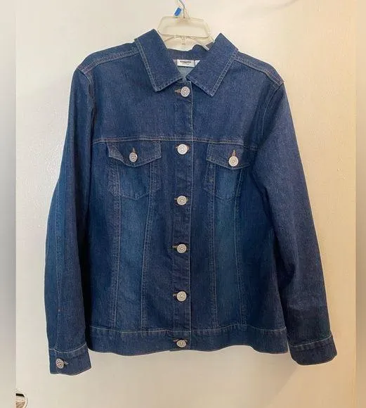 Cato Women’s Dark Blue Wash Denim Jacket 14 16 W Jeweled Buttons Bust 40”