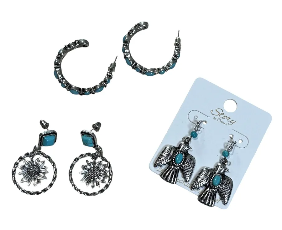 Story by Davinci Earring Set Women OS Turquoise Silver Southwestern Boho 3 Pairs