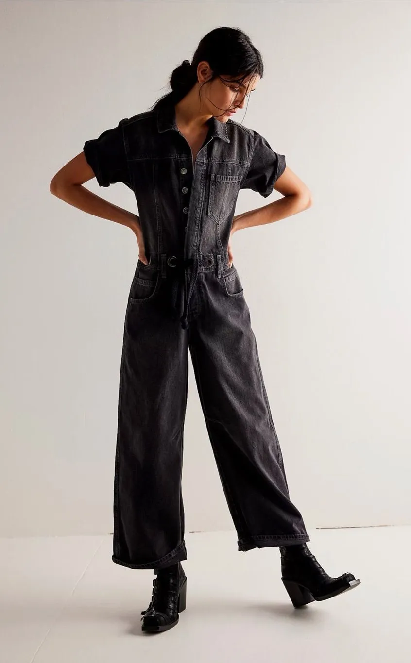 NWT Free People Edison Wide Leg Coverall Moxie Black Denim Jumpsuit Medium