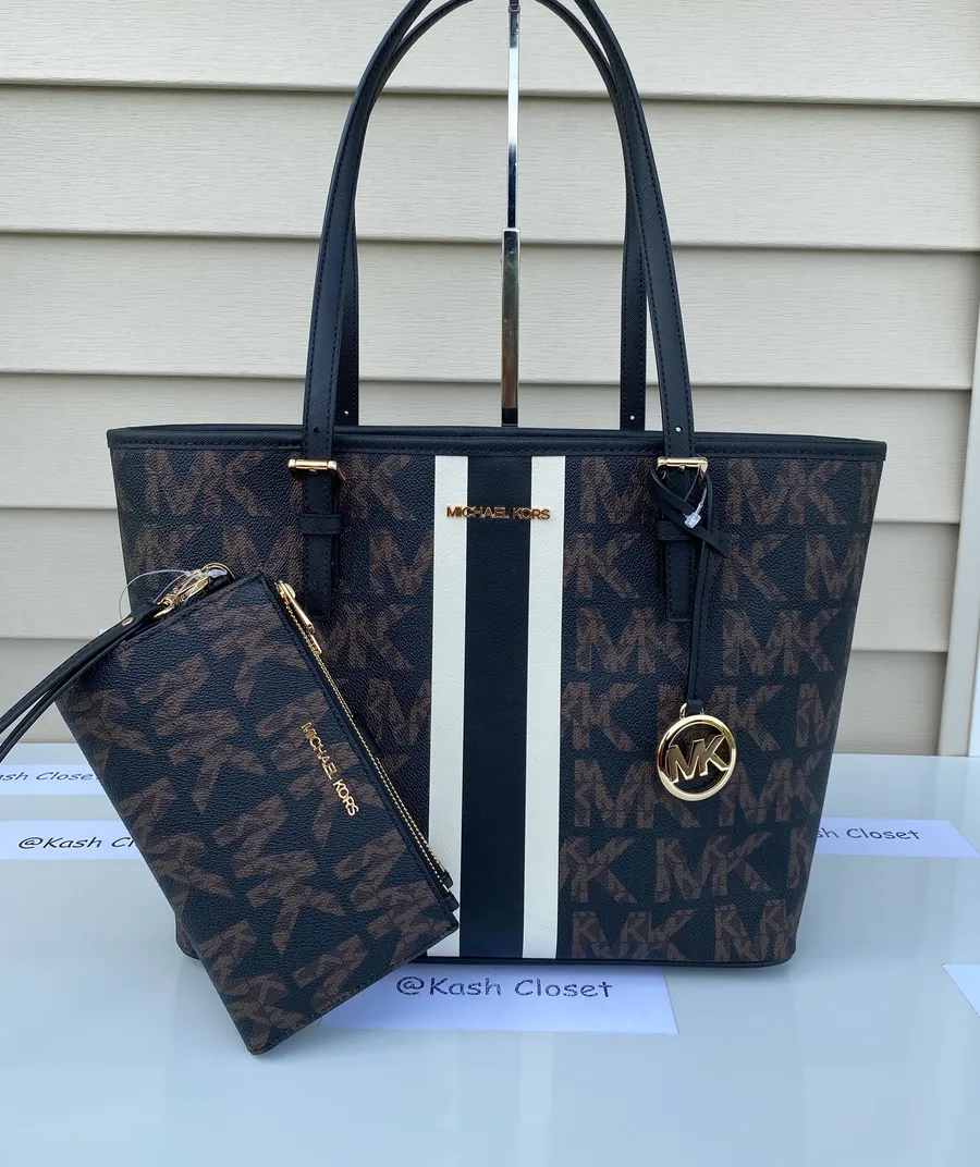 MK JST MD Carryall Logo Stripe Tote & Wristlet Bundle -Black Multi