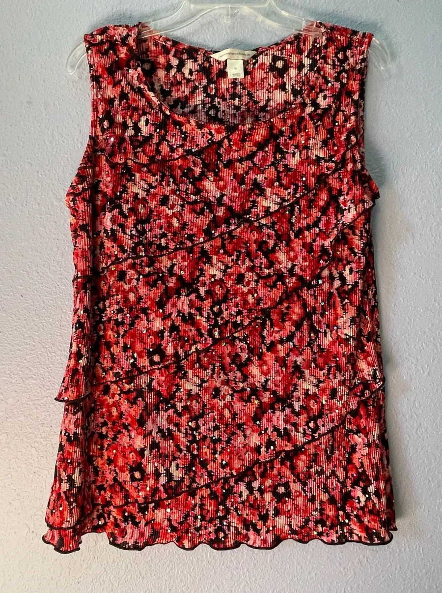 Christopher & Banks Red Black Abstract Floral Pleated Rhinestone Sleeveless Tank