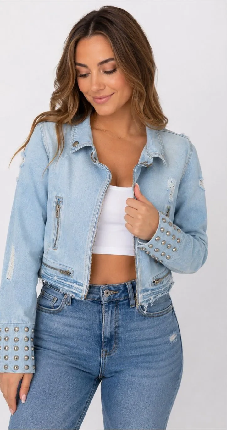 BoomBoom Jeans Denim Moto Jacket Women’s Large Distressed Studded Cropped Blue