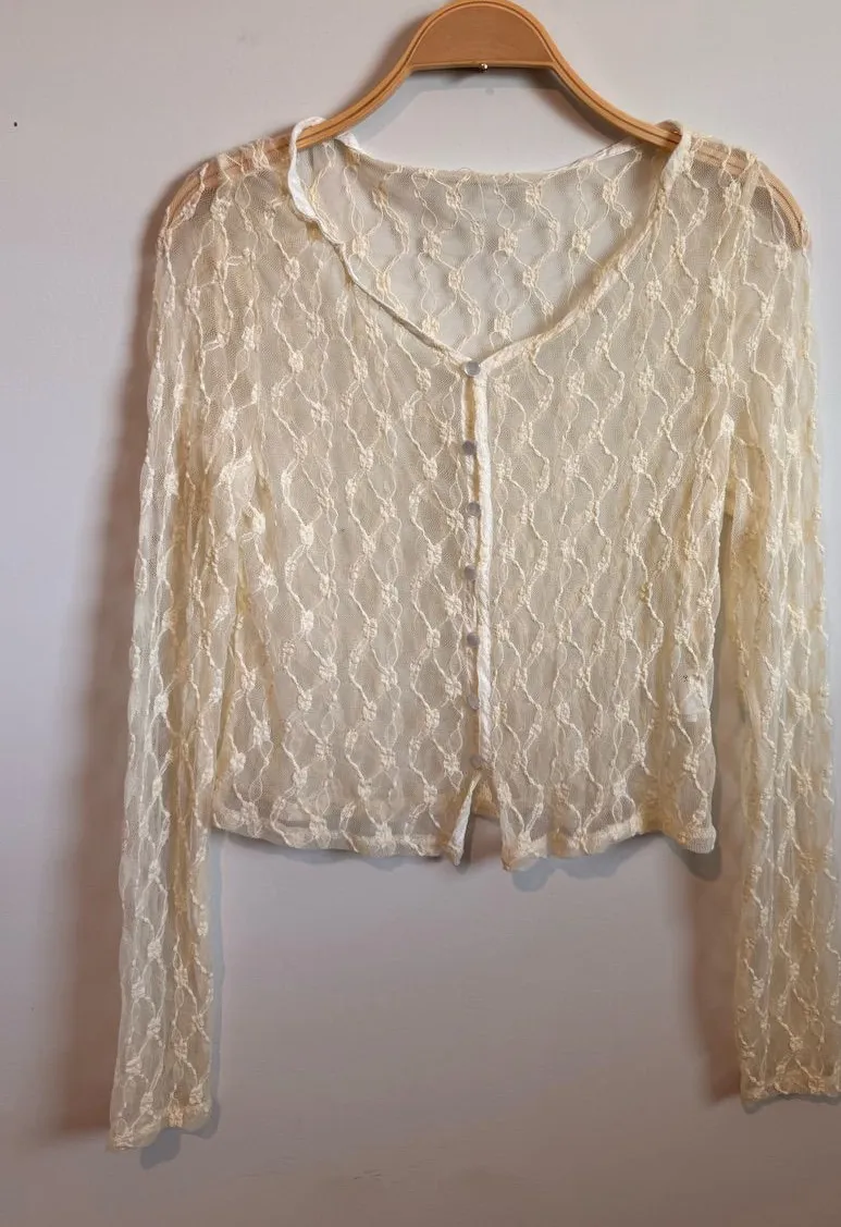 Lace Coquette Feminine Fairy Long Sleeve Cropped Sheer Top M/L Lace Button EUC