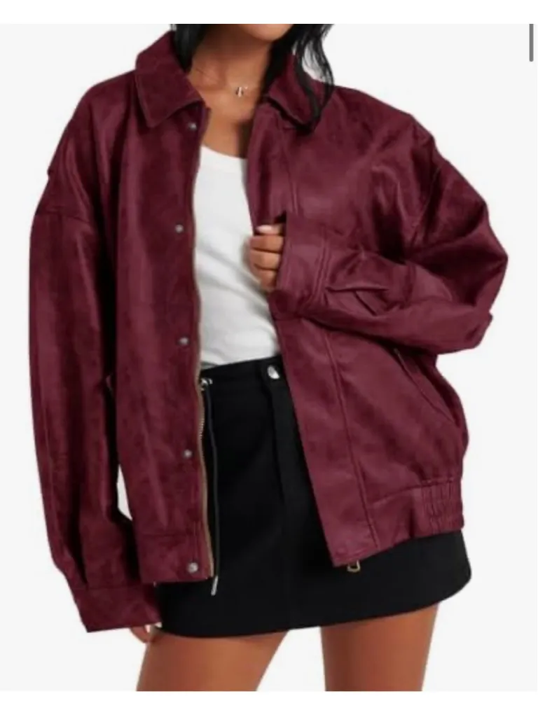NEW Bomber Vegan Leather Jackets Oversized Zipper Lapel L Red Size L