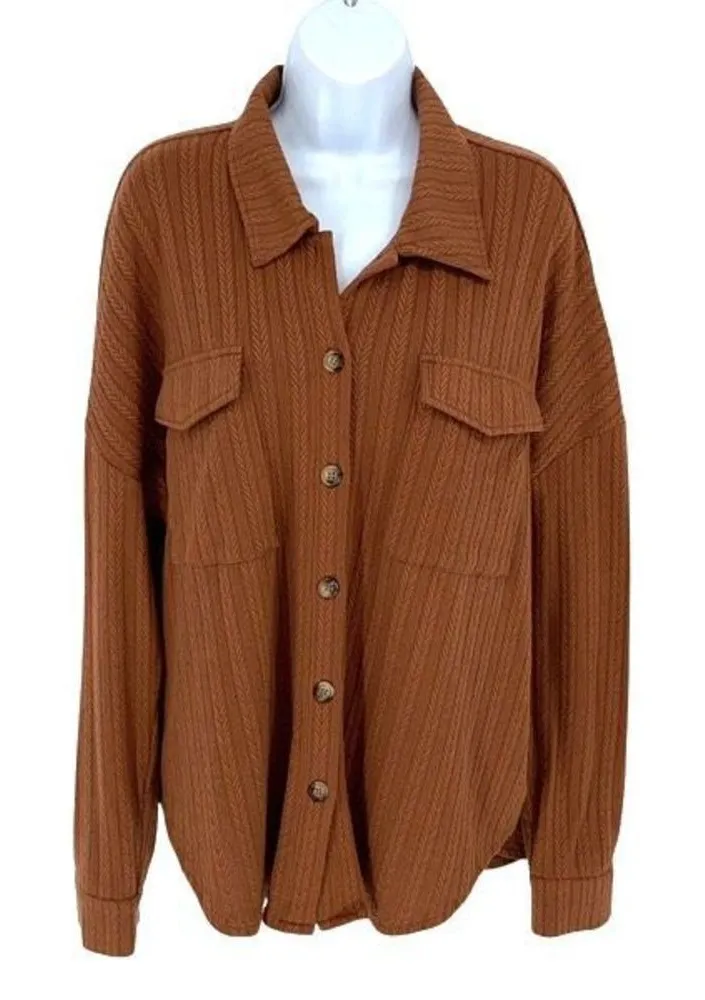 Pink Lilly Womens Knit Herringbone Textured Button Front Blouse Chestnut Medium Brown