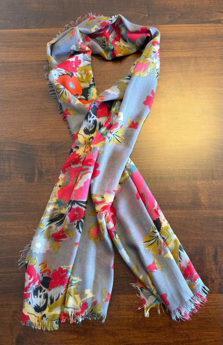 Floral Rose Print Scarf Grey Pink Eyelash Fringe Bloomcore Maximalist Bohemian Gray
