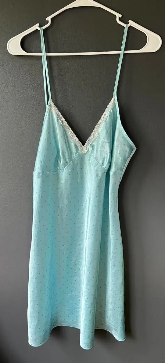 Light Turquoise Blue Polka Dot Satin Slip Dress with Lace Trim